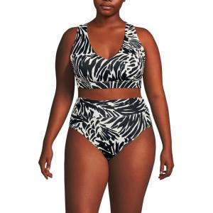 Lands’ End Women’s Chlorine Resistant V-Neck Midkini Swimsuit Top and High Leg High Waisted Bottoms 2 Piece Set(Black/Egret White Leaf Scroll)