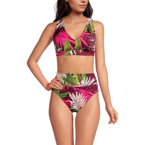 Lands’ End Women’s Chlorine Resistant V-Neck Midkini Swimsuit Top and High Leg High Waisted Bottoms 2 Piece Set(Dark Wine Multi Tropical Palm)