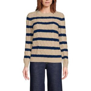 Lands’ End Women’s Cotton Drifter Crew Cable Pullover Sweater(Champagne/Deep Sea Gulf Stripe)