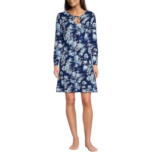 Lands’ End Women’s Cotton Interlock Long Sleeve Above the Knee Nightgown(Deep Sea Navy Linework Floral)