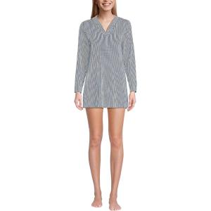 Lands’ End Women’s Cotton Jersey Long Sleeve Hooded Swim Cover-up Dress(Deep Sea Navy Mini Stripe)