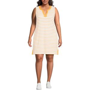 Lands’ End Women’s Cotton Jersey Notch Neck Dress with Soutache(White/Mango Breton Stripe)