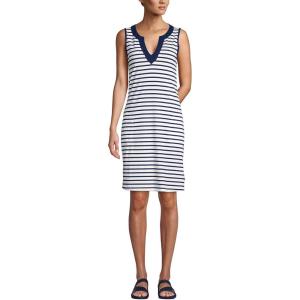 Lands’ End Women’s Cotton Jersey Sleeveless Swim Cover-up Dress(White/Deep Sea Stripe)