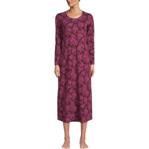 Lands’ End Women’s Cotton Long Sleeve Midcalf Nightgown(Burgundy Ikat Floral)