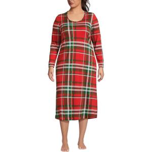 Lands’ End Women’s Cotton Long Sleeve Midcalf Nightgown(Compass Red/Emerald Plaid)