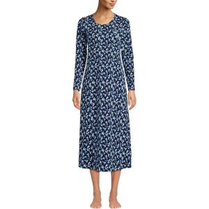 Lands’ End Women’s Cotton Long Sleeve Midcalf Nightgown(Deep Sea Navy Floral Mix)