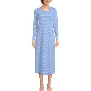 Lands’ End Women’s Cotton Long Sleeve Midcalf Nightgown(White/Clear Blue Sky Stripe)