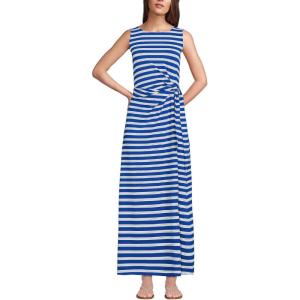Lands’ End Women’s Cotton Modal Sleeveless Tie Waist Maxi Dress(Sapphire Gem Blue Quad Stripe)