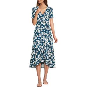 Lands’ End Women’s Cotton Modal Vneck Wrap Midi Dress(Baltic Teal Pansy Floral)