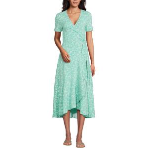 Lands’ End Women’s Cotton Modal Vneck Wrap Midi Dress(Frosted Green Flower Patch)