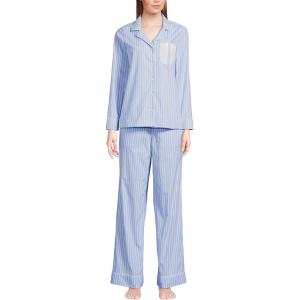 Lands’ End Women’s Cotton Poplin 2 Piece Pajama Set – Long Sleeve Top and Pants(Crisp Blue Stripe)