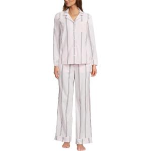 Lands’ End Women’s Cotton Poplin 2 Piece Pajama Set – Long Sleeve Top and Pants(Sea Salt Pink/Coffee Stripe)