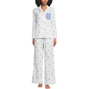 Lands’ End Women’s Cotton Poplin 2 Piece Pajama Set – Long Sleeve Top and Pants(White/Blue Floral Stripe)