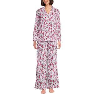 Lands’ End Women’s Cotton Poplin 2 Piece Pajama Set – Long Sleeve Top and Pants(White/Pink Festive Critters)