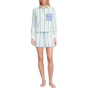 Lands’ End Women’s Cotton Poplin 2 Piece Pajama Set – Long Sleeve Top and Shorts with Piping(Icy Mint/Muted Cobalt Stripe)