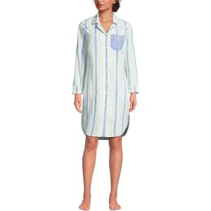 Lands’ End Women’s Cotton Poplin Long Sleeve Sleepshirt Nightgown(Icy Mint/Muted Cobalt Stripe)