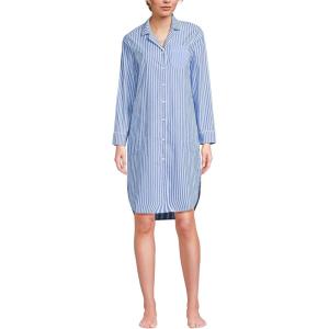 Lands’ End Women’s Cotton Poplin Long Sleeve Sleepshirt Nightgown(Muted Cobalt/Pink Stripe)