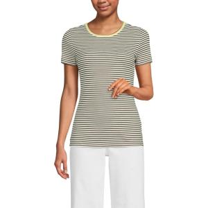 Lands’ End Women’s Cotton Rib Knit T-Shirt(Dark Cilantro Mini Stripe)