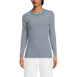 Lands’ End Women’s Cotton Rib Knit T-Shirt(Deep Sea Navy Tiny Stripe)