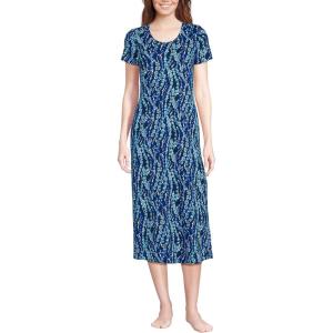 Lands’ End Women’s Cotton Short Sleeve Midcalf Nightgown(Deep Sea Navy Vine Floral)