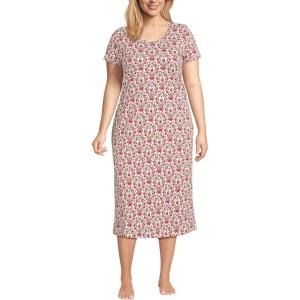 Lands’ End Women’s Cotton Short Sleeve Midcalf Nightgown(Ivory/Red Floral Wreath)