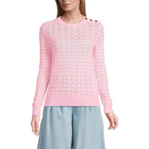 Lands’ End Women’s Cotton Viscose Button Shoulder Modern Crew Sweater(Fresh Ivory/Rose Pink Stripe)