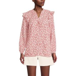 Lands’ End Women’s Cotton Voille Ruffle Front Blouse(Dark Orange Floral Vines)
