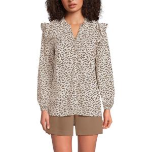 Lands’ End Women’s Cotton Voille Ruffle Front Blouse(Honey Beige Tossed Blooms)