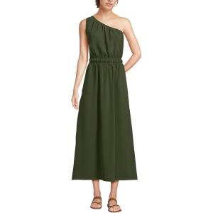 Lands’ End Women’s Creaseless One Shoulder Midi Dress(Dark Cilantro Green)