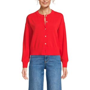 Lands’ End Women’s Cropped Fine Gauge Crew Neck Cardigan Sweater(Coral Red)
