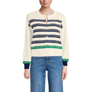 Lands’ End Women’s Cropped Fine Gauge Crew Neck Cardigan Sweater(Fresh Ivory/Navy Founders)