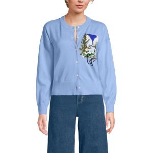 Lands’ End Women’s Cropped Fine Gauge Crew Neck Cardigan Sweater(Greetings/Blue)