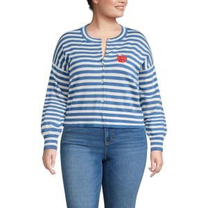 Lands’ End Women’s Cropped Fine Gauge Crew Neck Cardigan Sweater(Muted Cobalt Blue/Ivory Breton)