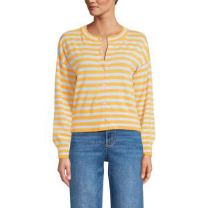 Lands’ End Women’s Cropped Fine Gauge Crew Neck Cardigan Sweater(Sweet Mango/Ice Blue Breton)