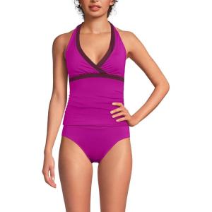 Lands’ End Women’s D-Cup Chlorine Resistant V-Neck Halter Tankini Swimsuit Top(Crimson Rose/Dark Wine)