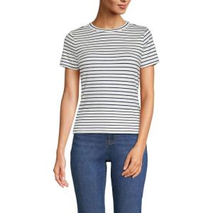 Lands’ End Women’s Drapey Rib Fitted Short Sleeve Mini T-Shirt(Ivory/Deep Sea Navy Stripe)