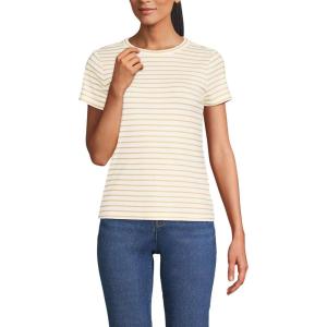 Lands’ End Women’s Drapey Rib Fitted Short Sleeve Mini T-Shirt(Ivory/Pale Yellow Stripe)