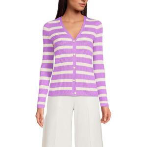 Lands’ End Women’s Drifter Baby Cable Vneck Cardigan Sweater(Fresh Ivory/Orchid Stripe)