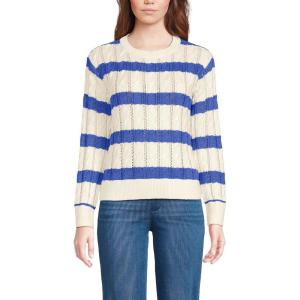 Lands’ End Women’s Drifter Cable Pointelle Stitch Sweater(Ivory/Blue Breeze Stripe)
