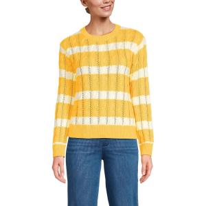 Lands’ End Women’s Drifter Cable Pointelle Stitch Sweater(Ivory/Sunkissed Yellow Stripe)