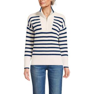 Lands’ End Women’s Drifter Cotton Quarter Zip Pullover Sweater(Ivory/Navy Stripe)