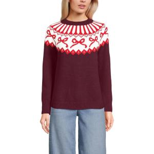 Lands’ End Women’s Drifter Jacquard Raglan Crew Neck Sweater(Burgundy Bow Fairisle)