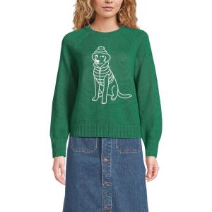 Lands’ End Women’s Drifter Jacquard Raglan Crew Neck Sweater(Winter Dog/Green)