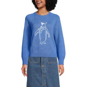 Lands’ End Women’s Drifter Jacquard Raglan Crew Neck Sweater(Winter Penguin/Blue)