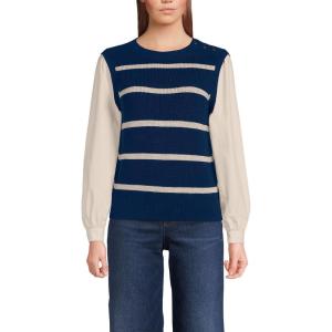 Lands’ End Women’s Drifter Shaker Button Shoulder Sweater Vest with Poplin Sleeves(Deep Sea Navy/Champagne Stripe)