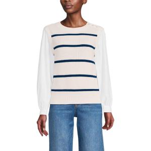 Lands’ End Women’s Drifter Shaker Button Shoulder Sweater Vest with Poplin Sleeves(Fresh Ivory/Navy Stripe)