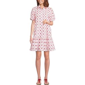 Lands’ End Women’s Elbow Sleeve Eyelet Knee Length Shirt Dress(White/Poppy Mosaic Eyelet)
