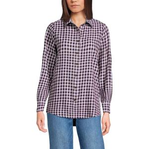 Lands’ End Women’s Flannel Boyfriend Fit Long Sleeve Shirt(Burgundy/Lilac Mini Check)