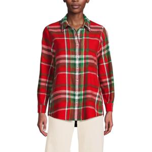 Lands’ End Women’s Flannel Boyfriend Fit Long Sleeve Shirt(Compass Red/Emerald Plaid)