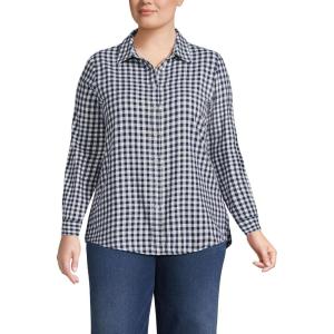 Lands’ End Women’s Flannel Boyfriend Fit Long Sleeve Shirt(Deep Sea/Ivory Mini Check)